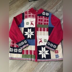 Vtg Nordic Snowflake Patchwork Knit Multi Color Sweater Cardigan Christmas 2X
